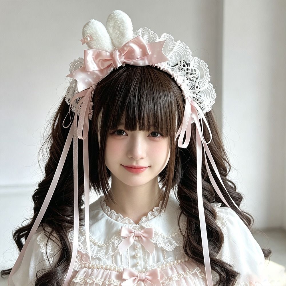 Lace Ribbon Trim - Bando Telinga Kelinci Polka Dot Baru