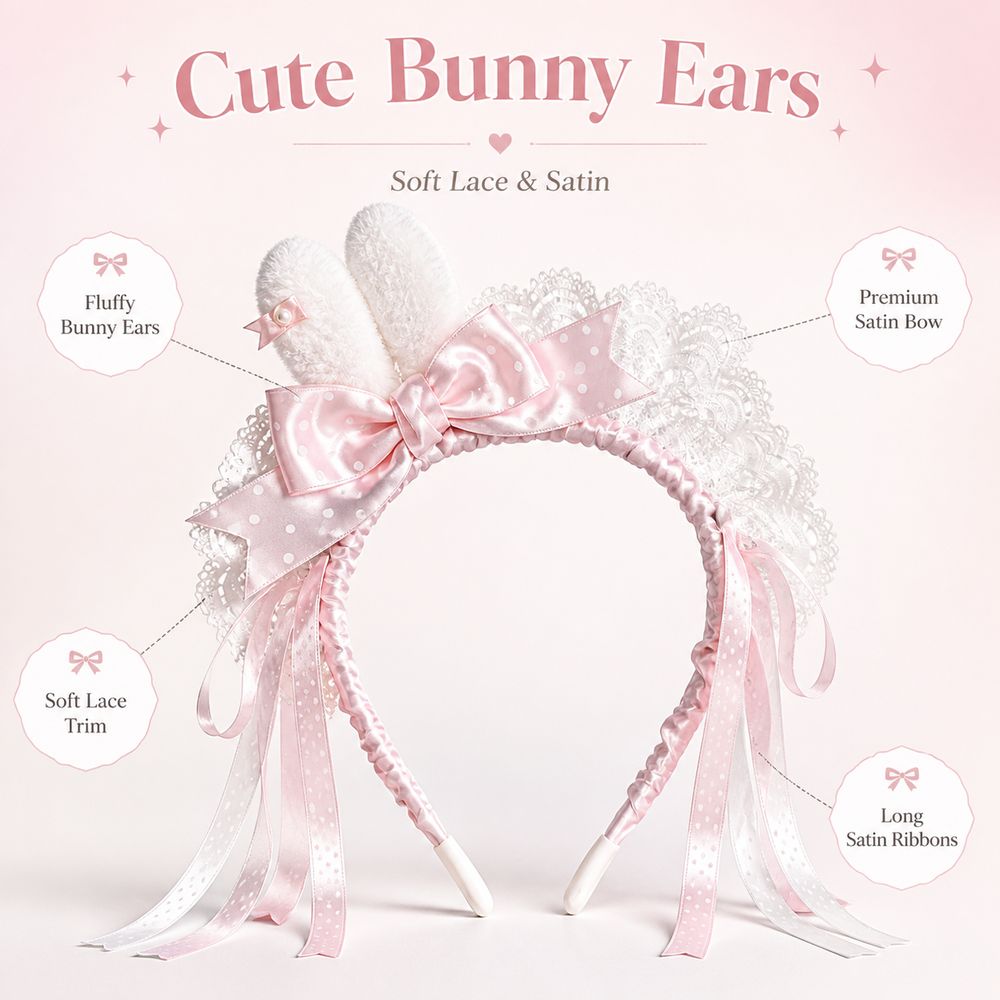 Bando Telinga Kelinci Polka Do - Lace Ribbon Trim ulasan dan harga